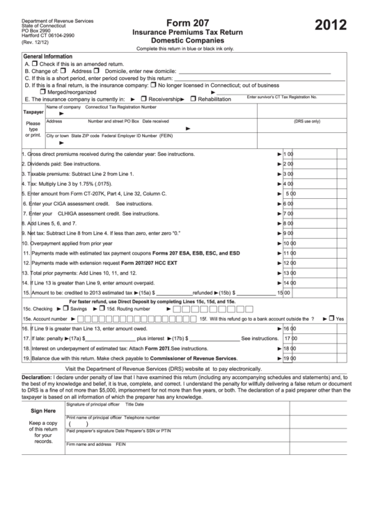Form 207 - Insurance Premiums Tax Return Domestic Companies Printable pdf