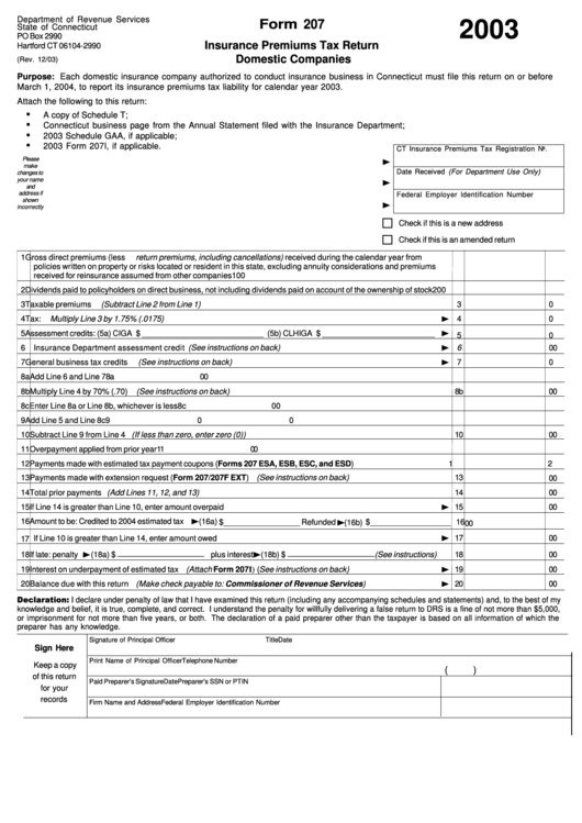 Form 207 - Insurance Premiums Tax Return Domestic Companies - 2003 Printable pdf