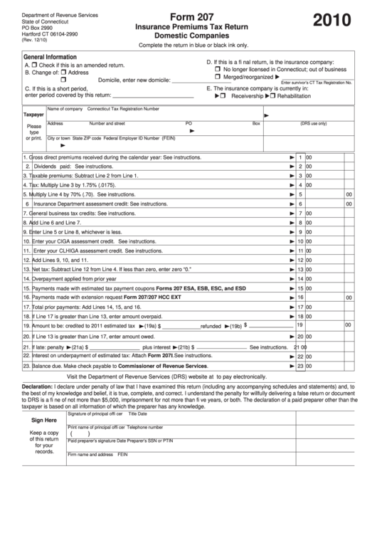 Form 207 - Insurance Premiums Tax Return Domestic Companies - 2010 Printable pdf