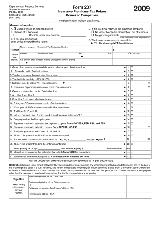 Form 207 - Insurance Premiums Tax Return Domestic Companies - 2009 Printable pdf