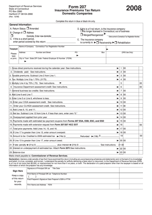 Form 207 - Insurance Premiums Tax Return Domestic Companies - 2008 Printable pdf