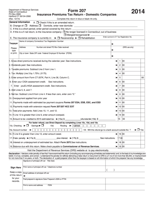 Form 207 Insurance Premiums Tax Return Domestic Companies 2014 printable pdf download