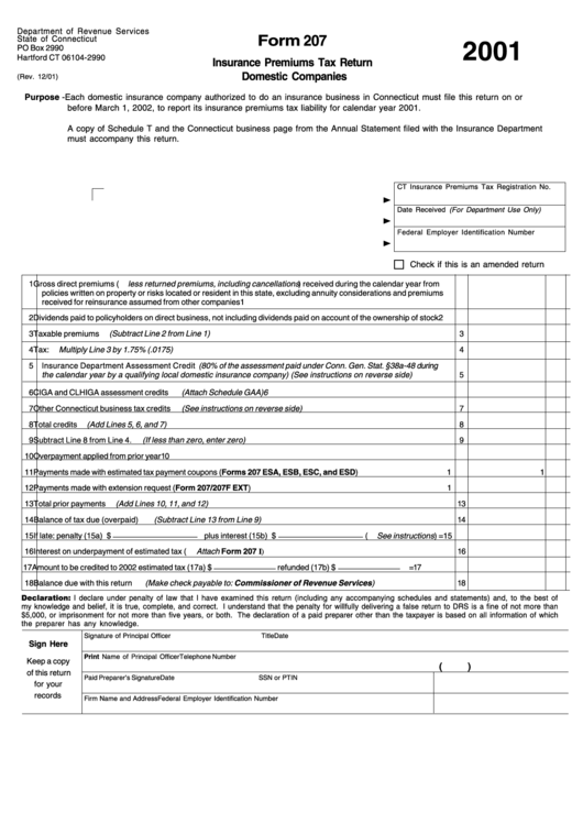 Form 207 - Insurance Premiums Tax Return Domestic Companies - 2001 Printable pdf