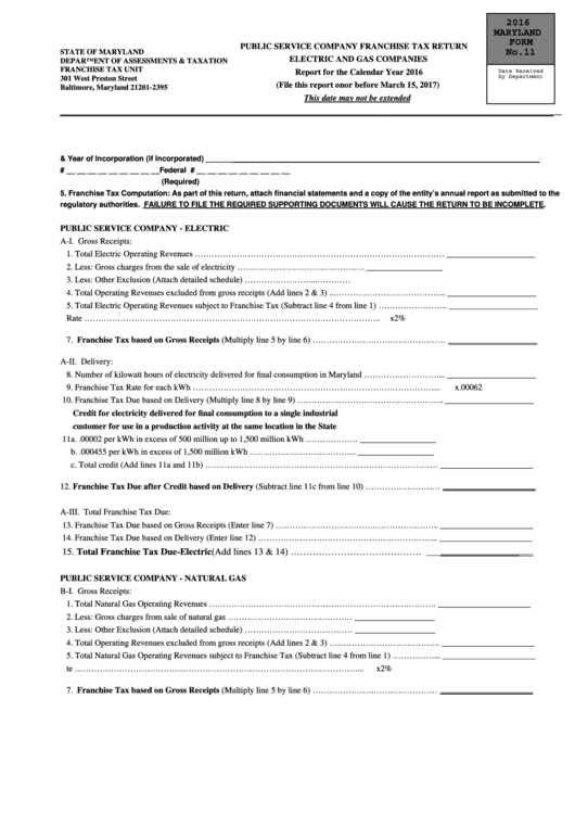 Fillable Form 11 - Public Service Company Franchise Tax Return Electric And Gas Companies Form Printable pdf