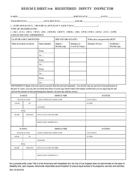 Resume Sheet For Registered Deputy Inspector Form