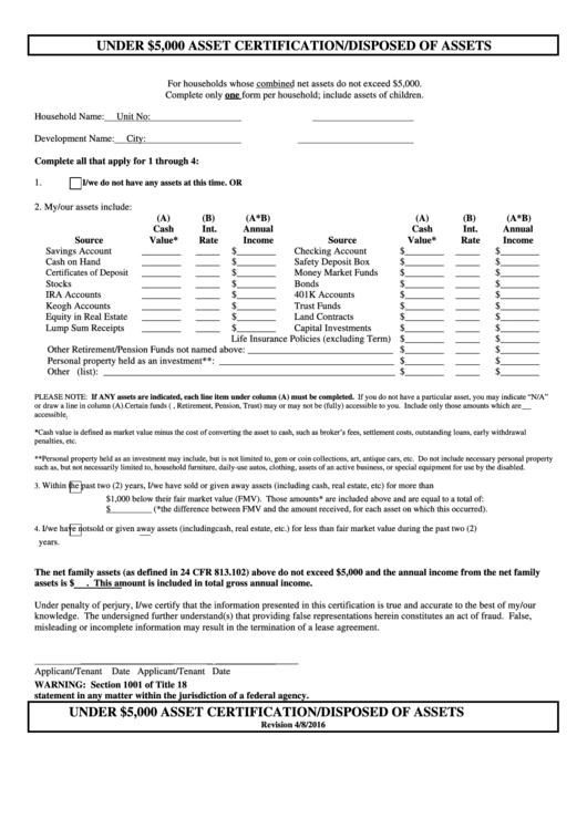 Asset Certification/disposed Of Assets Template Printable pdf