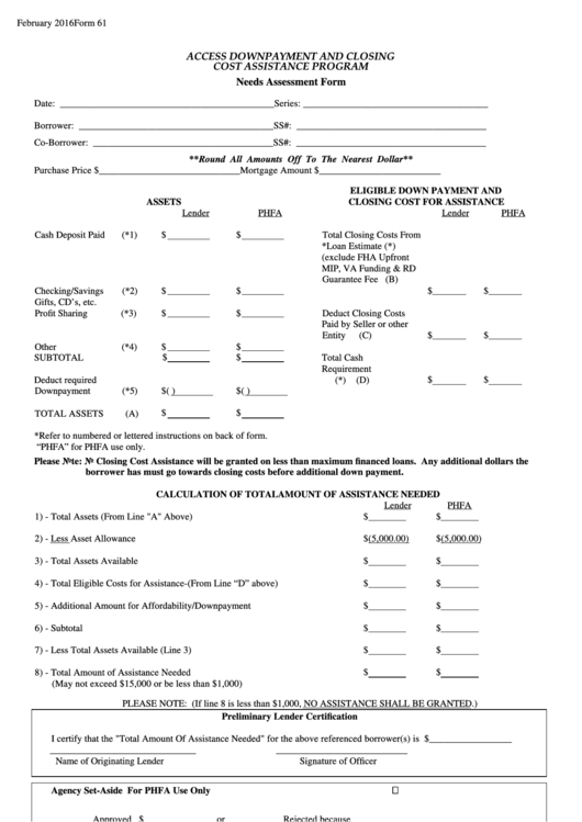 Fillable Form 61 - Needs Assessment Template Printable pdf