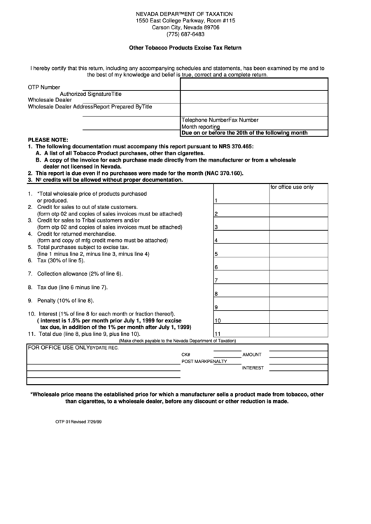 Other Tobacco Products Excise Tax Return Form Printable pdf