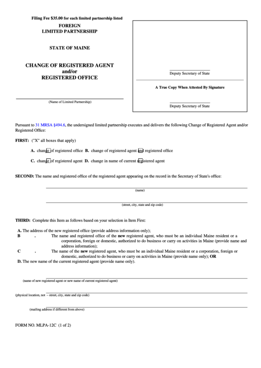 Fillable Form Mlpa-12c - Change Of Registered Agent And/or Registered Office - 2004 Printable pdf