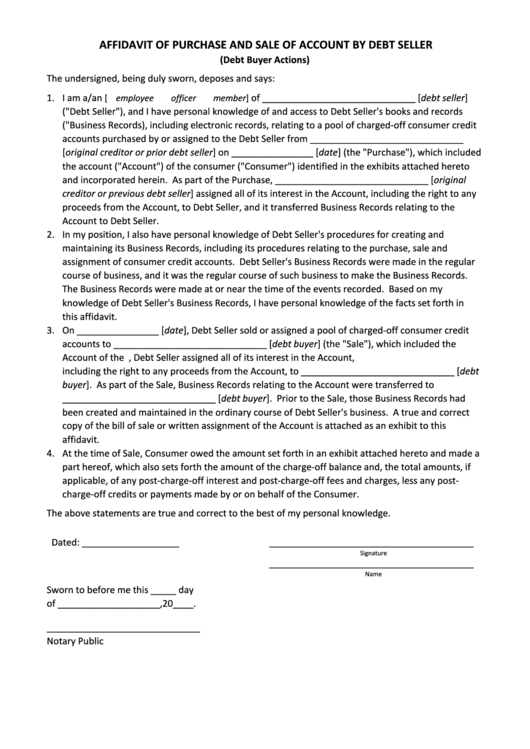 Fillable Affidavit Of Purchase And Sale Of Account By Debt Seller Form Printable pdf