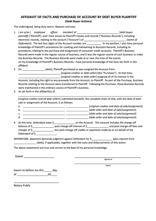 Fillable Affidavit Of Facts And Purchase Of Account By Debt Buyer Plaintiff Form Printable pdf