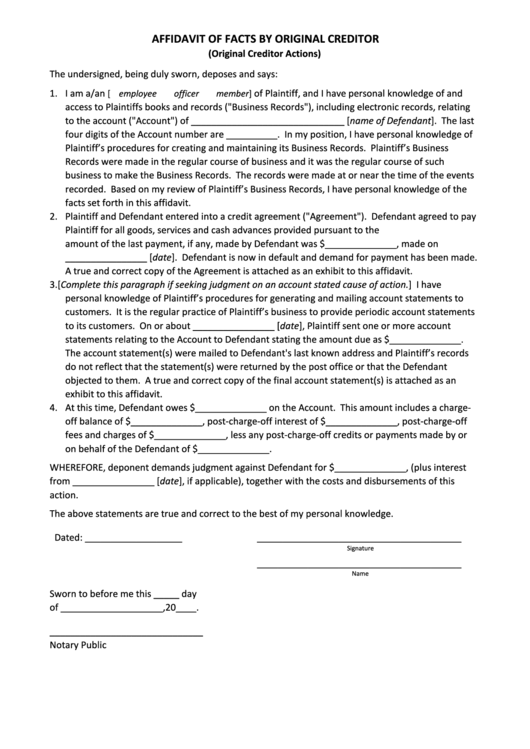Fillable Affidavit Of Facts By Original Creditor Form Printable pdf