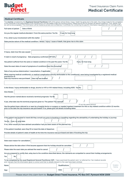 Fillable Medical Certificate-Travel Insurance Claim Form Printable pdf