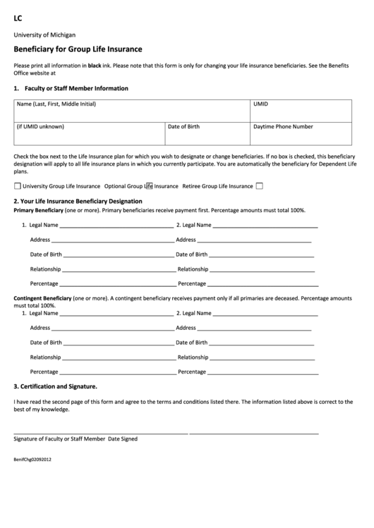 Fillable Beneficiary For Group Life Insurance Form Printable pdf