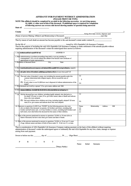 Affidavit For Payment W/o Administration-axa Equitable Life Insurance Company Form
