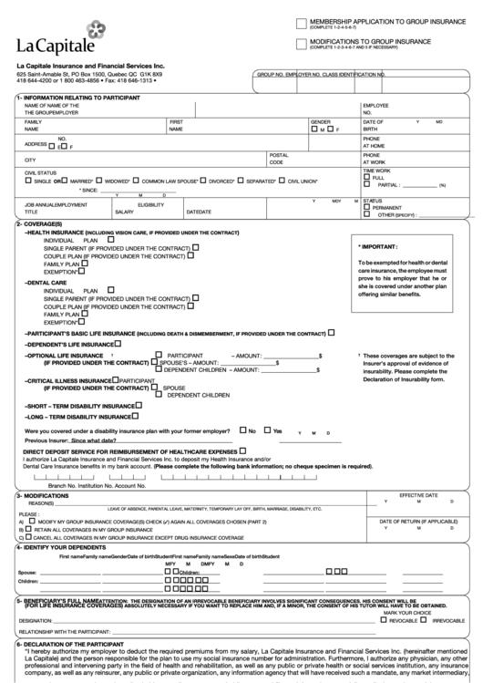 Fillable Application To Group Insurance Form Printable pdf