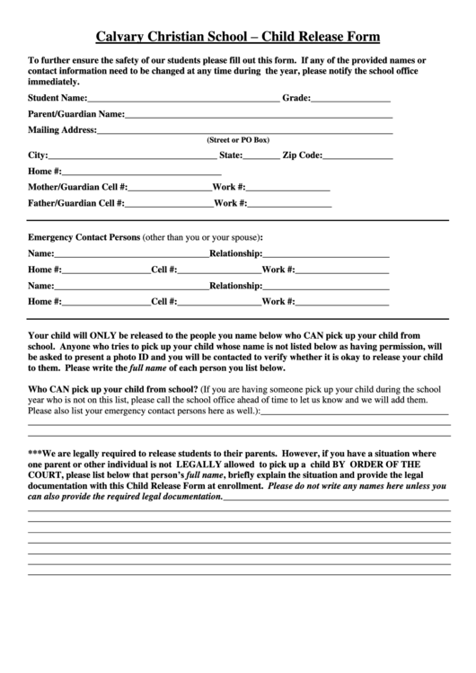 Child Release Form Printable pdf