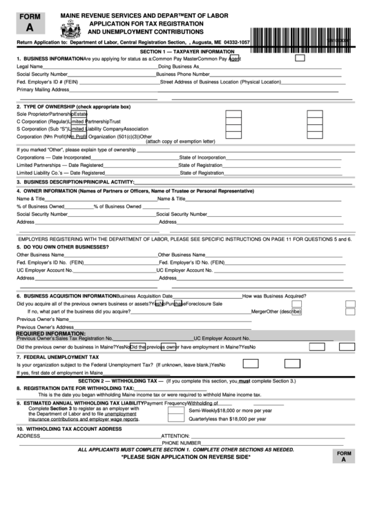 Fillable Form A - Application For Tax Registration And Unemployment Contributions Printable pdf