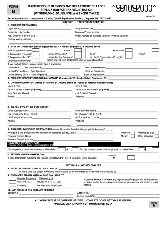 Form B - Application For Tax Registration (Withholding, Sales, Use, And Excise Taxes) Printable pdf