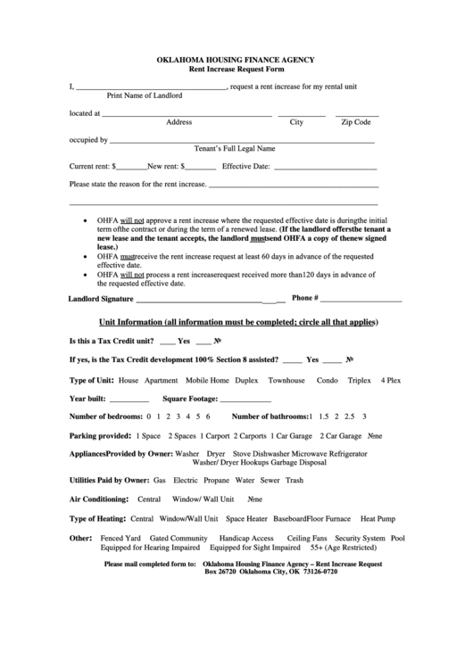 Fillable Rent Increase Request - Oklahoma Housing Finance Agency Form Printable pdf