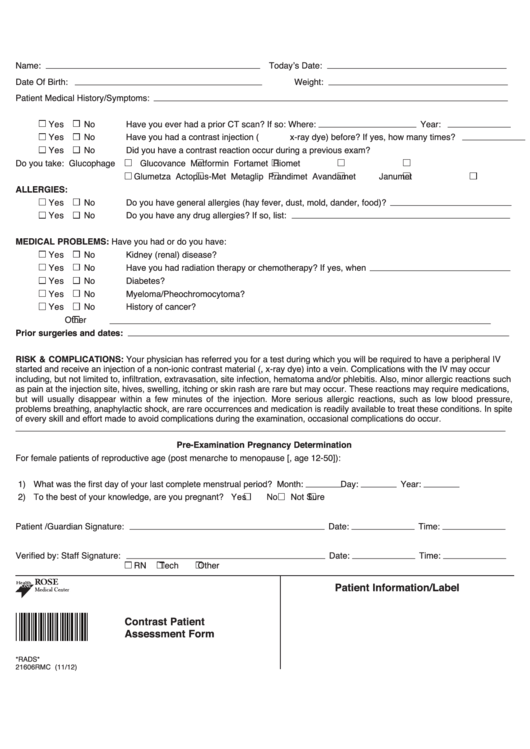 Patient Information-Contrast Patient Assessment Form Printable pdf