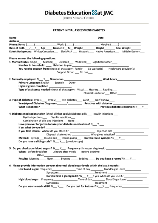 Patient Initial Assessment-Diabetes Education Form Printable pdf