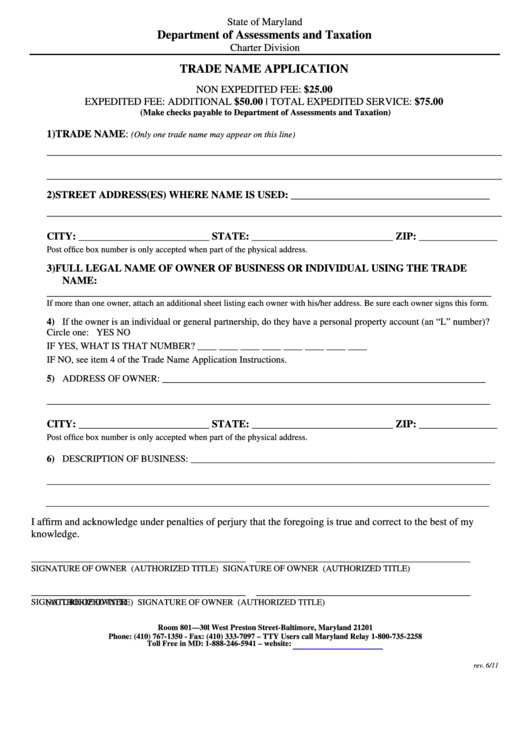 Fillable Trade Name Amendment Application Form Printable pdf