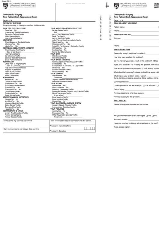 Orthopedic Surgery New Patient Self Assessment Form Printable pdf