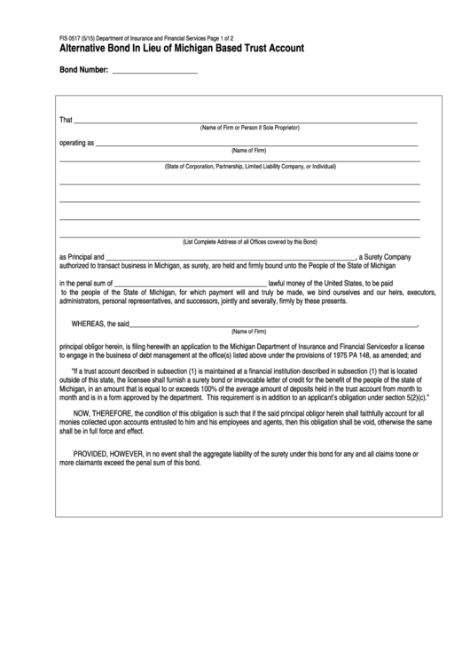 Fillable Form Fis 0517 - Alternative Bond In Lieu Of Michigan Based Trust Account Printable pdf
