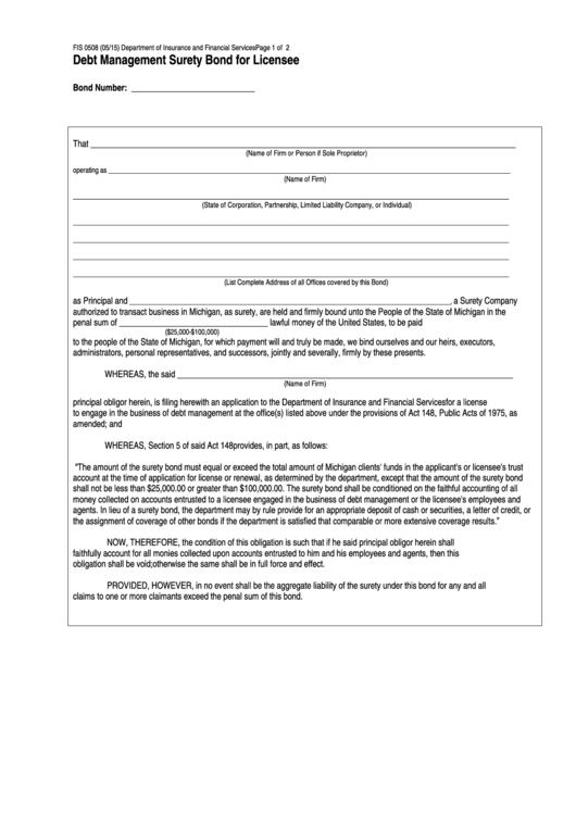 Fillable Form Fis 0508 - Debt Management Surety Bond For Licensee Printable pdf