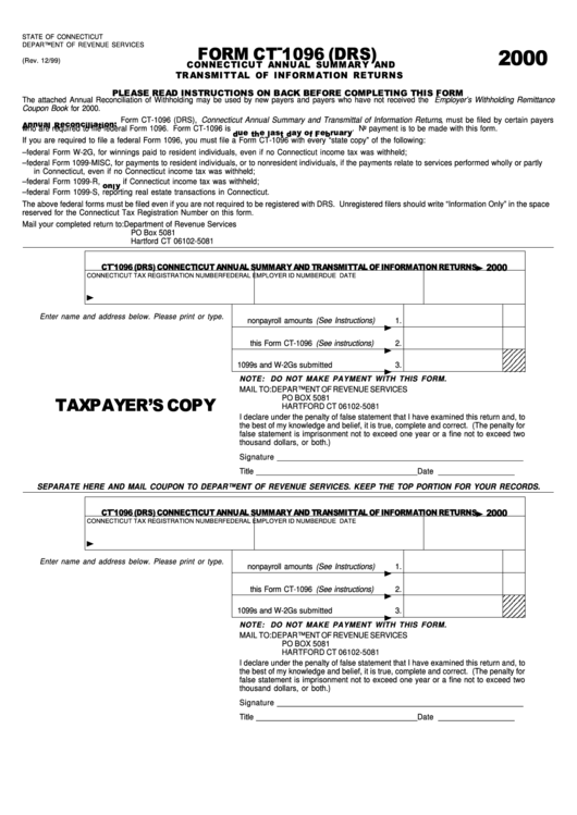 Form Ct-1096 (Drs) - Connecticut Annual Summary And Transmittal Of Information Returns 2000 Printable pdf