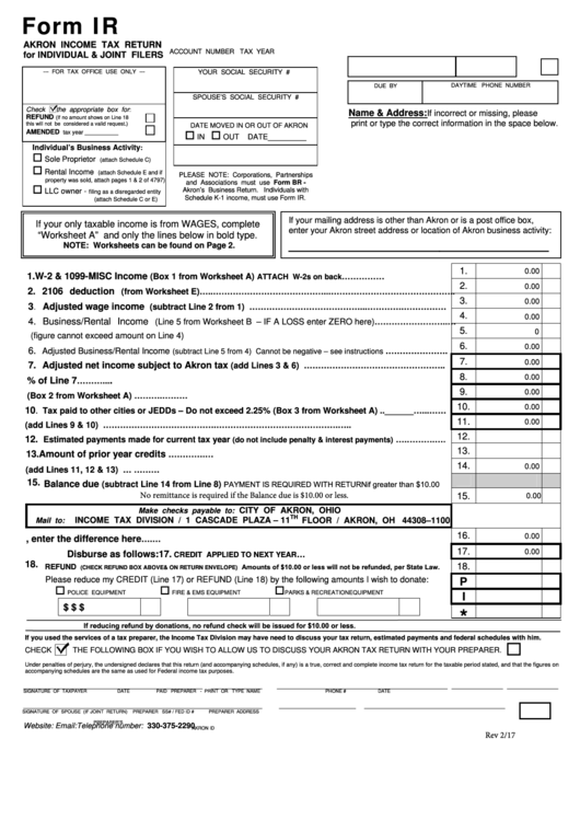 Fillable Form Ir - Akron Income Tax Return For Individual & Joint