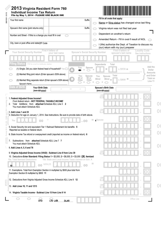 Fillable Form 760 - Individual Income Tax Return - 2013 Printable pdf