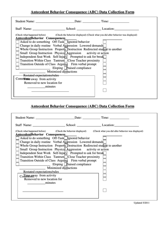 Antecedent Behavior Consequence Abc Data Collection Form Printable Pdf Download