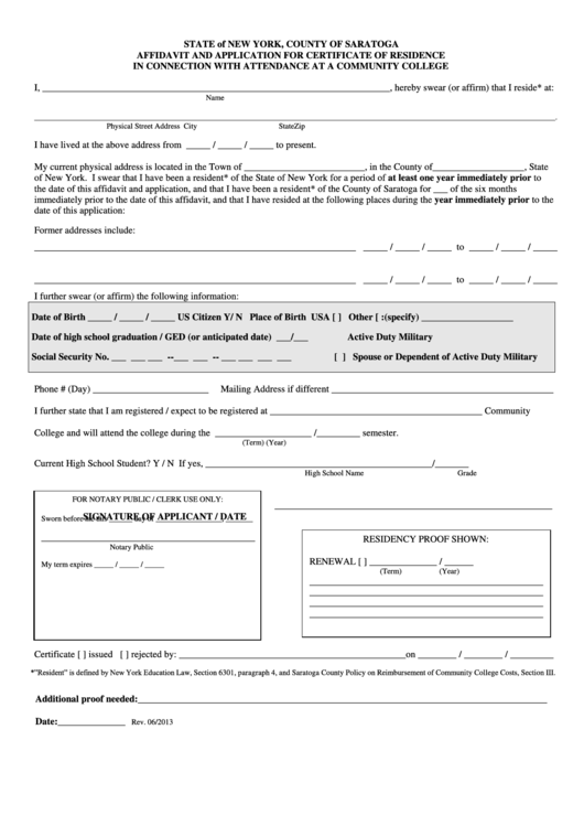 Fillable Affidavit And Application For Certificate Of Residence In Connection With Attendance At A Community College Form - New York Printable pdf