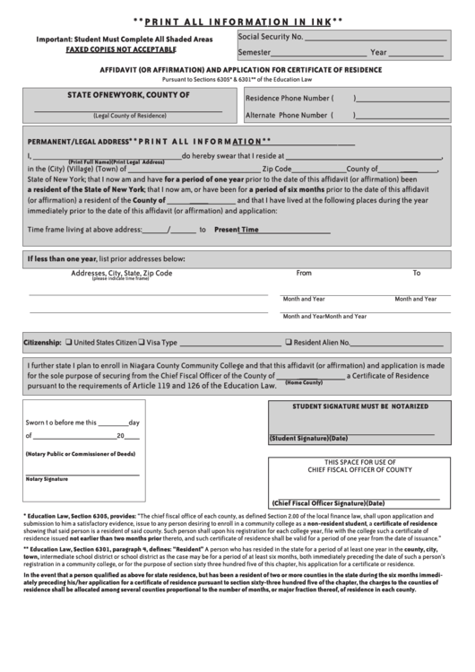 Affidavit (Or Affirmation) And Application For Certificate Of Residence Form Printable pdf
