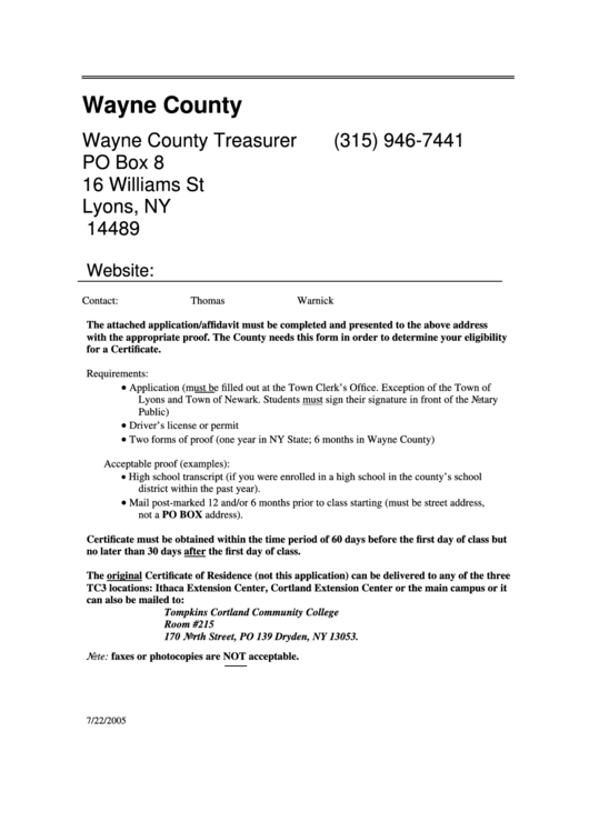 Affidavit And Application For Certificate Of Residency Form - Wayne County Printable pdf