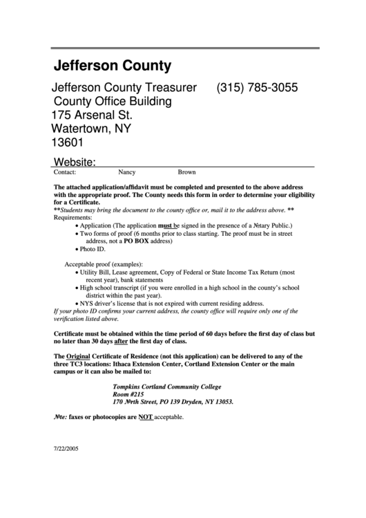 Affidavit And Application For Certificate Of Residency Form - Jefferson County Printable pdf