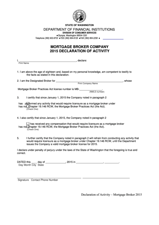 2015 Declaration Of Activity-Mortgage Broker Company Form Printable pdf