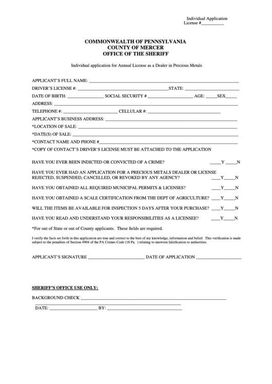 Individual Application For Annual License As A Dealer In Precious Metals Form Printable pdf