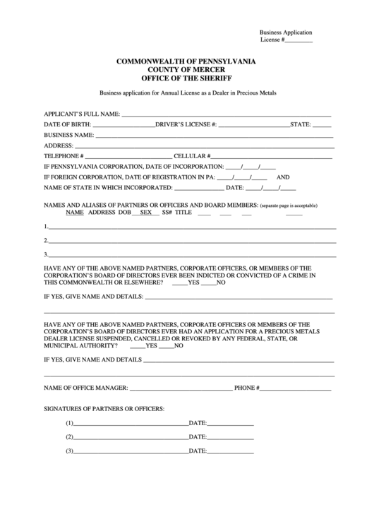 Business Application For Annual License As A Dealer In Precious Metals Form Printable pdf