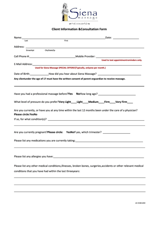 Client Information And Consultation Form - Siena Massage Printable pdf