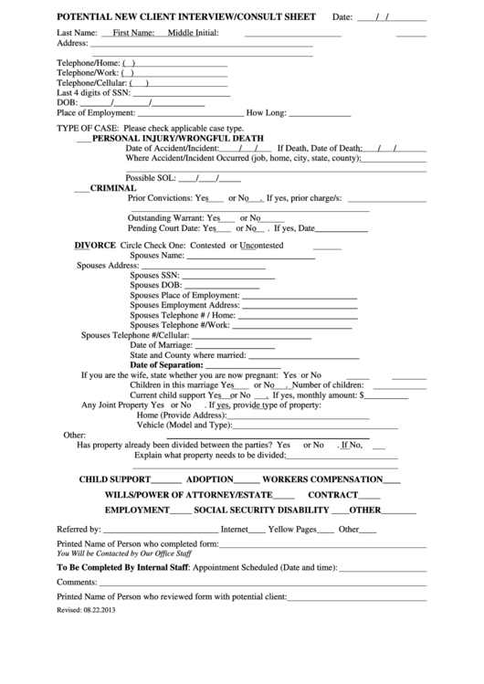 Potential New Client Interview/consult Sheet Printable pdf
