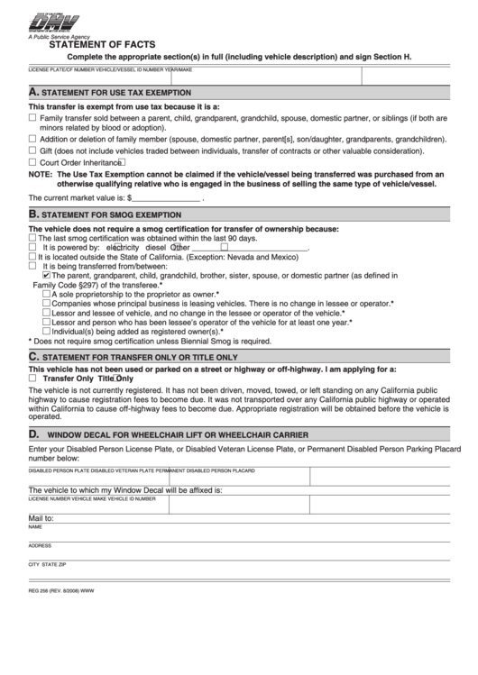 Fillable Form Reg 256 - Statement Of Facts Printable pdf