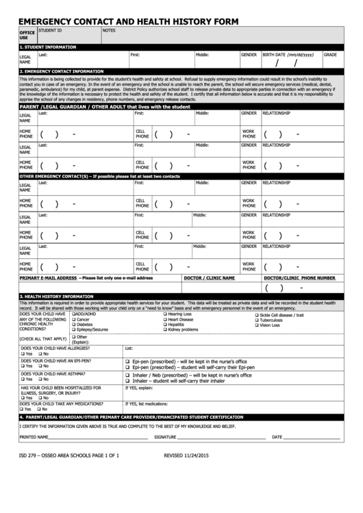 Emergency Contact And Health History Form Printable pdf