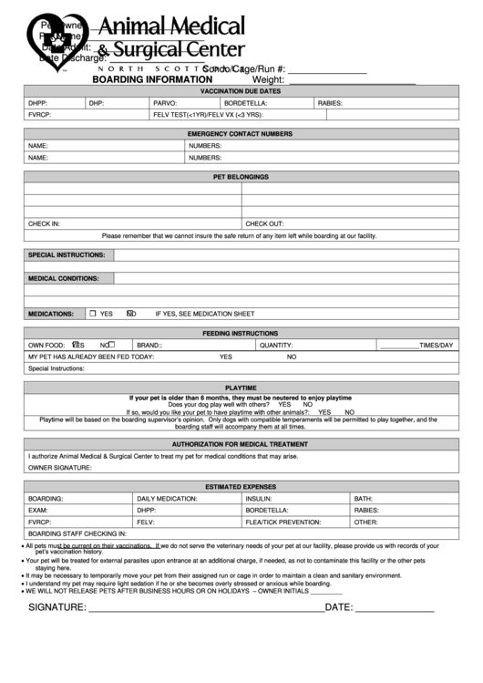 Boarding Information Form Printable pdf