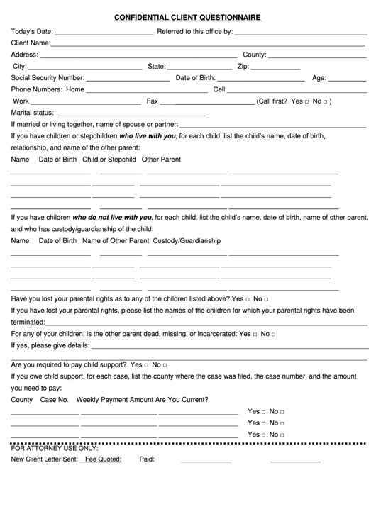 Confidential Client Questionnaire Form Printable pdf