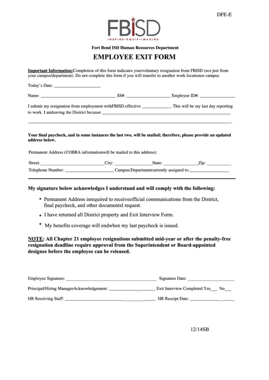 Employee Exit Form Printable pdf