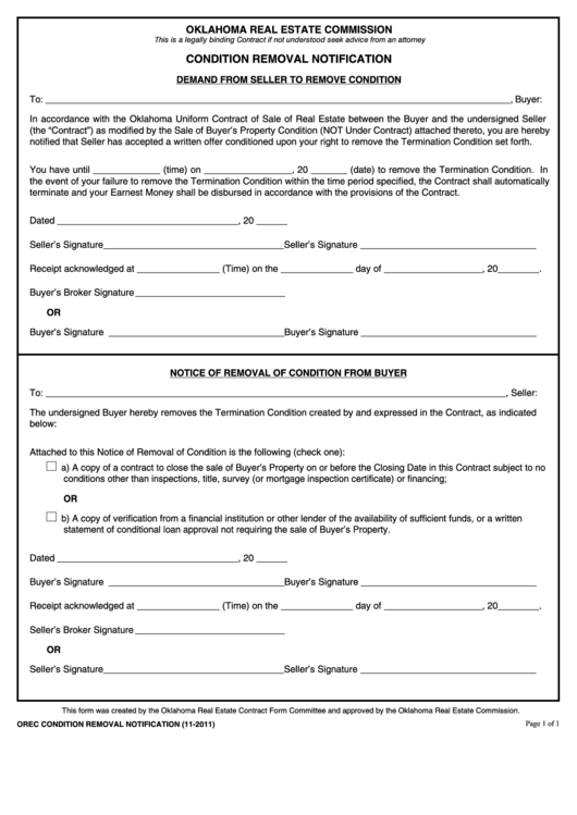 Fillable Condition Removal Notification Form Printable pdf