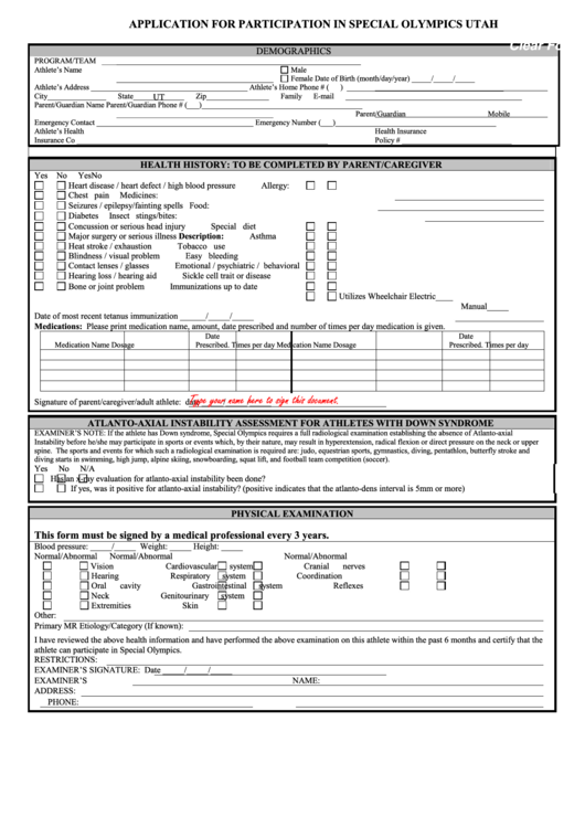 Fillable Application For Participation In Special Olympics Form Printable pdf